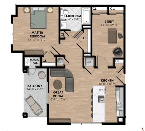 Floor plan for 1 bed, 1 bath